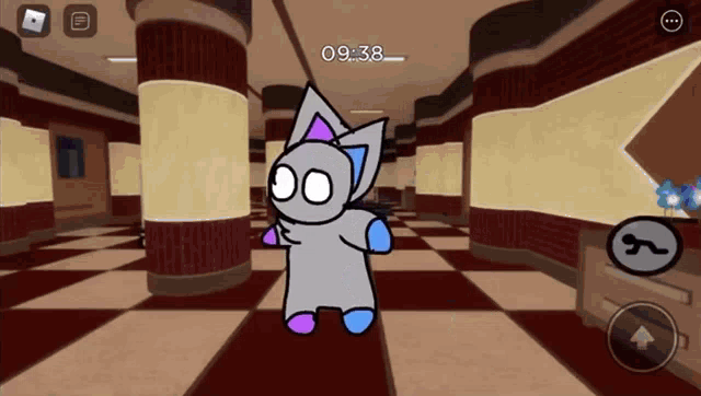 a cartoon cat is standing in a hallway with a time of 09:38