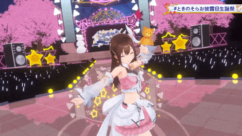 a girl in a pink and white dress is on a stage with a teddy bear in her hand