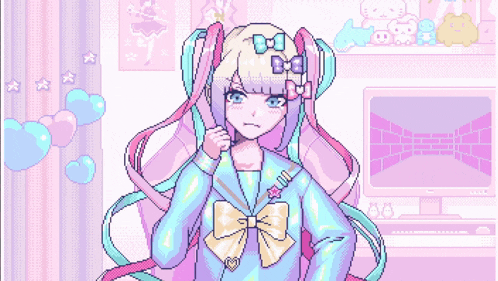 a pixel art drawing of a girl with pigtails and a bow