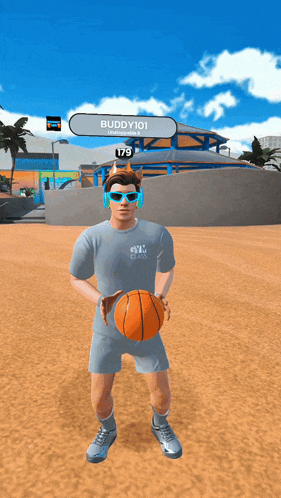 a man holding a basketball with the name buddy101 on the top