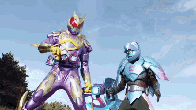 a purple and gold superhero is standing next to another superhero