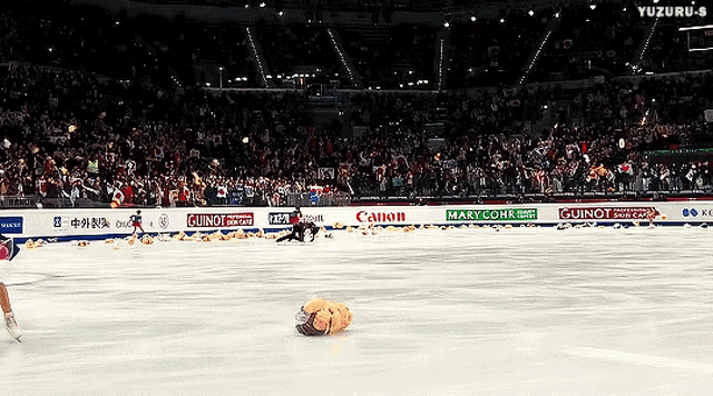 a person is laying on the ice in front of a canon sign