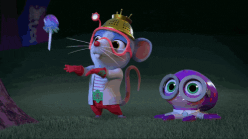 a cartoon mouse wearing a crown and goggles stands next to a purple monster