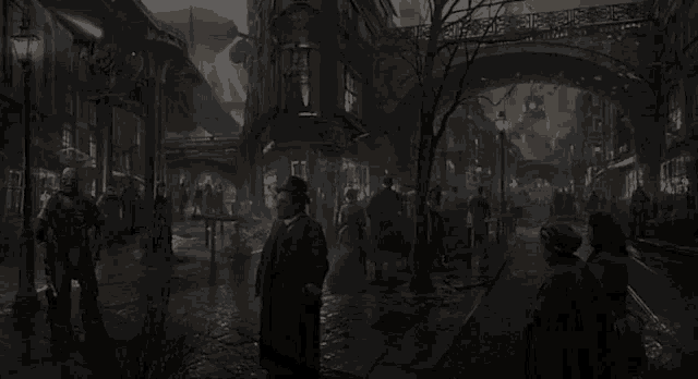 a man in a suit stands in front of a bridge with lightning coming from it