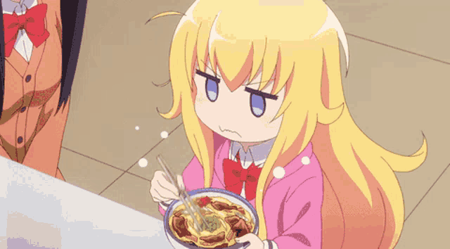 a girl with long blonde hair is eating a bowl of food with chopsticks