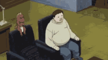 a fat man is sitting in a chair with a stuffed animal on the back of the chair .