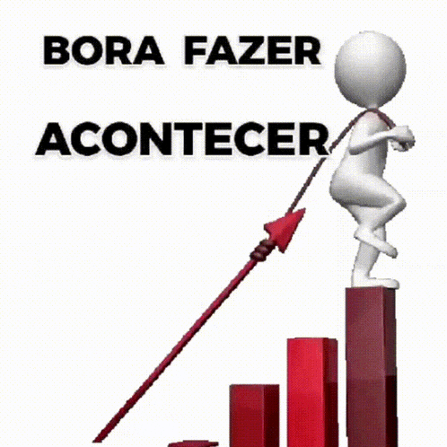 a 3d man is climbing a red bar graph with the words bora fazer acontecer above him