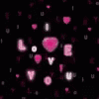 a bunch of pink hearts and letters on a black background
