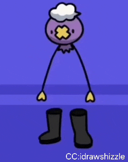 a cartoon drawing of a purple bird with a white cross on its head and black boots