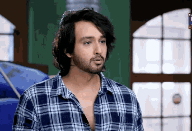 a man with a beard wearing a plaid shirt stands in front of a window