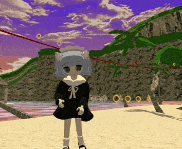 a girl in a black dress with cat ears stands on a sandy beach