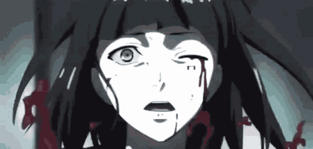 a black and white drawing of a girl with blood coming out of her eyes .