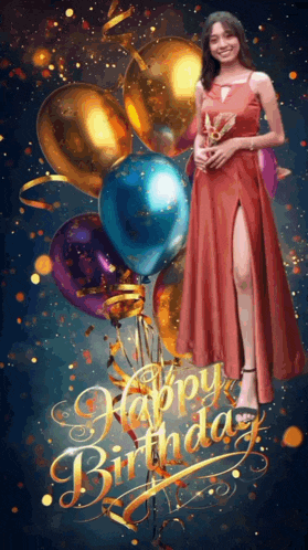 a woman in a red dress is standing next to a bunch of balloons and a happy birthday sign .
