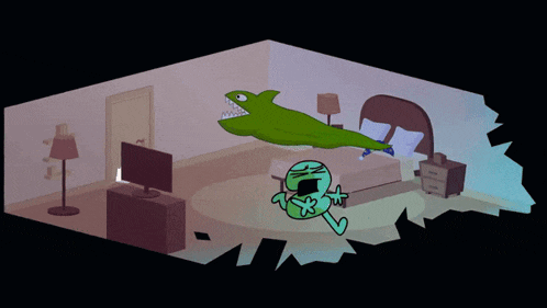 a cartoon drawing of a room with a bed and a tv