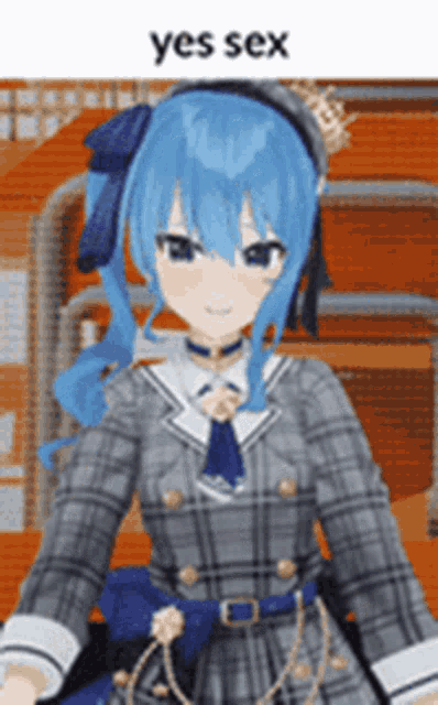 a girl with blue hair is wearing a plaid dress and a hat and says yes sex