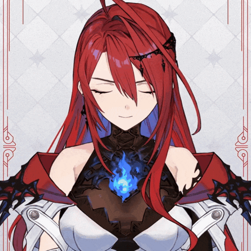 a drawing of a girl with red hair and a blue flame in her chest