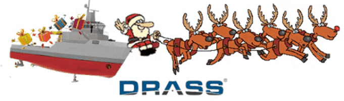 a cartoon of santa and reindeer pulling a boat with the word brass below it