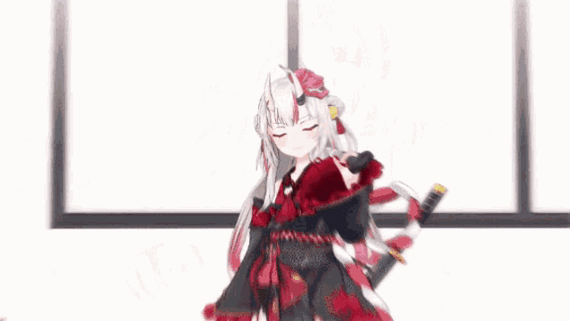a anime girl with white hair and red eyes is holding a sword
