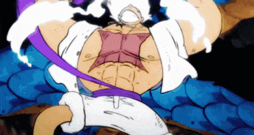 a cartoon character with a purple and white ribbon around his neck