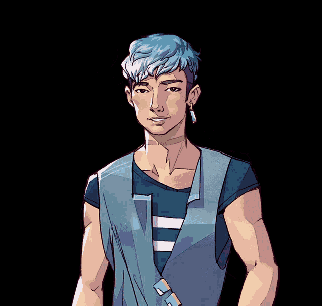 a cartoon drawing of a man with blue hair and pink hearts behind him