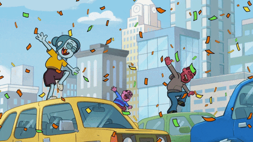 a cartoon illustration of a city with confetti falling