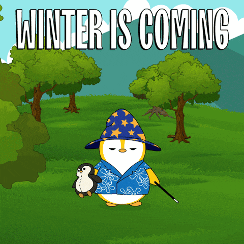 a penguin in a wizard costume holding a penguin and a wand with the words winter is coming behind him