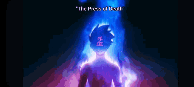 a man is standing in a dark room with the words " the press of death " written above him