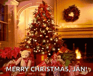 a merry christmas greeting card with a christmas tree and presents