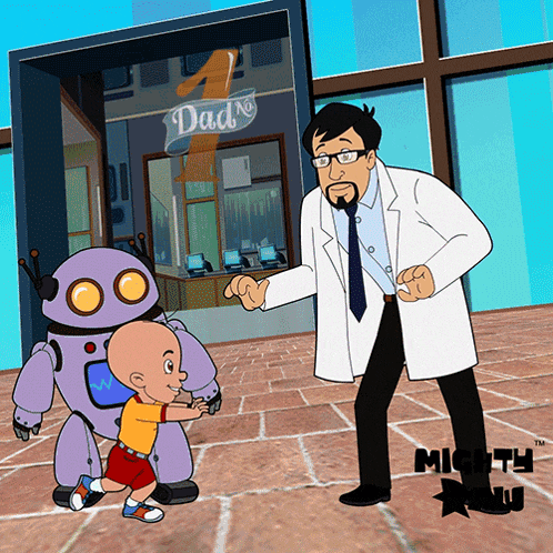 a cartoon of a man and a robot in front of a dad 's store