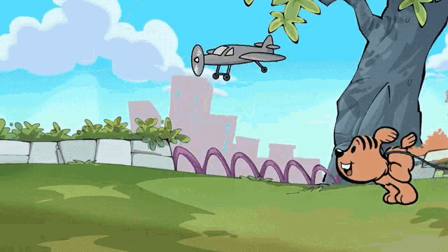 a cartoon of a dog looking at a plane flying overhead