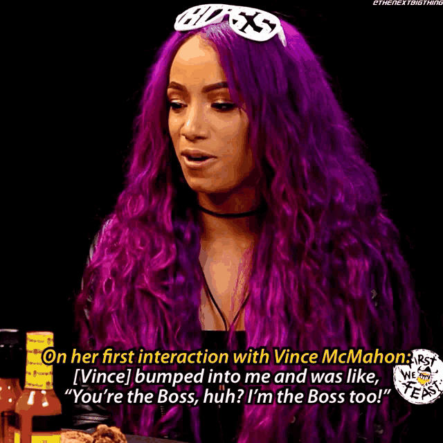 a woman with purple hair says on her first interaction with vince mcmahon vince bumped into me and was like