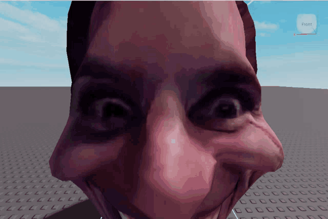 a computer generated image of a man 's face with a front button in the corner