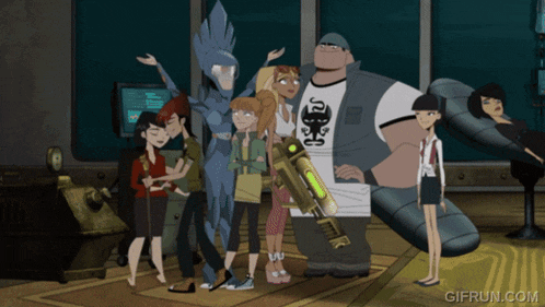 a group of cartoon characters are posing for a picture with a man wearing a shirt that says j.b.r.k