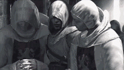 a black and white photo of a group of people in hoods