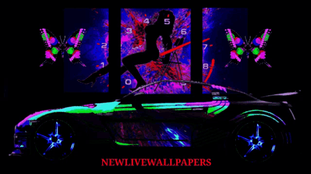 a colorful advertisement for newlivewallpapers shows a woman sitting on top of a car