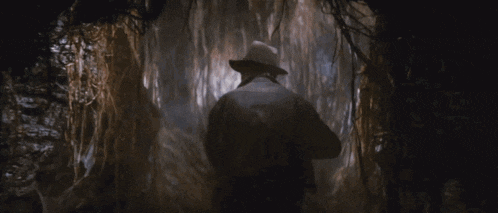 a man wearing a hat is walking through a dark cave