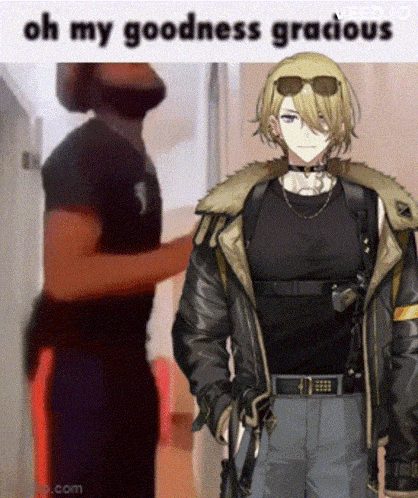 a man in a black shirt is standing next to a man in a leather jacket with the words oh my goodness gracious above him .