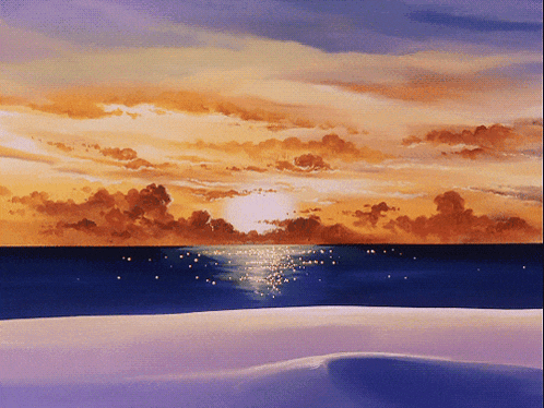 a painting of a sunset over the ocean with the sun reflected in the water
