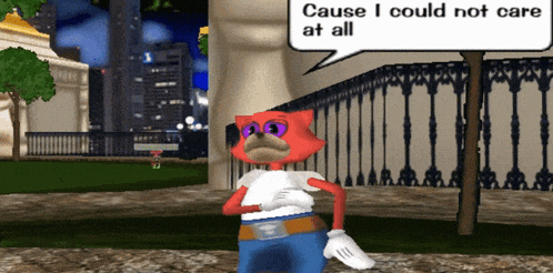 a cartoon character with a speech bubble that says cause i could not care at all