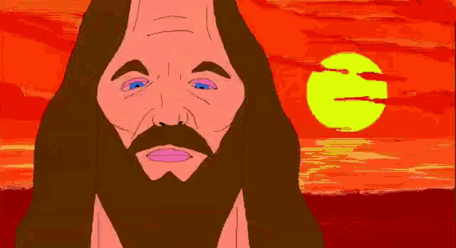 a cartoon drawing of a man with a beard and blue eyes standing in front of a sunset .
