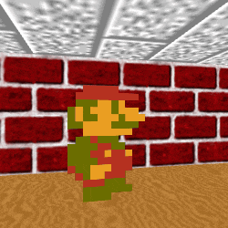 a pixelated image of mario standing in front of a red brick wall