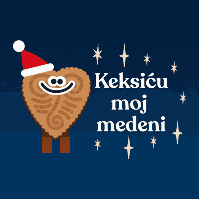 a gingerbread man wearing a santa hat with the words keksicu moj medeni