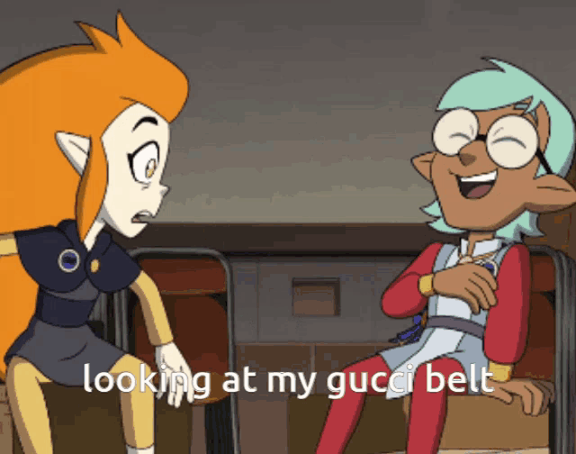 two cartoon characters are sitting next to each other with the words looking at my gucci belt above them