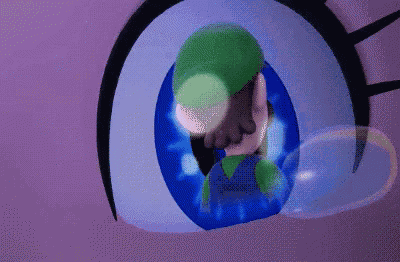 a close up of a cartoon character with a green hat