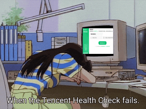 a cartoon of a woman sitting in front of a computer with the words " when the tencent health check fails "