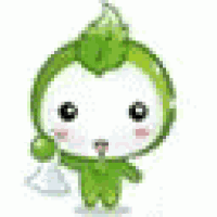 a green cartoon character with a leaf on his head is holding a tissue .