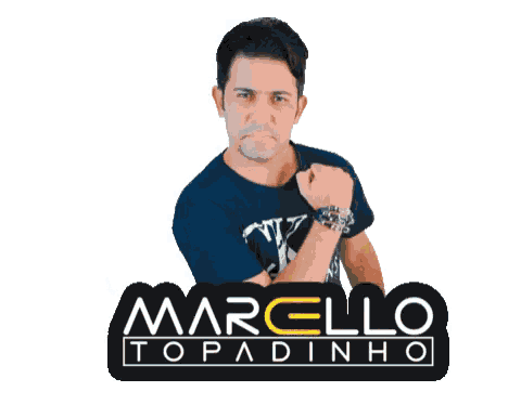 a man in a blue shirt is standing in front of a sign that says marcello topadinho