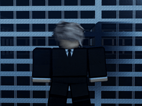 a cartoon character wearing a suit and tie stands in front of a building