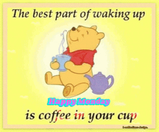 a cartoon of winnie the pooh holding a cup of coffee and a teapot