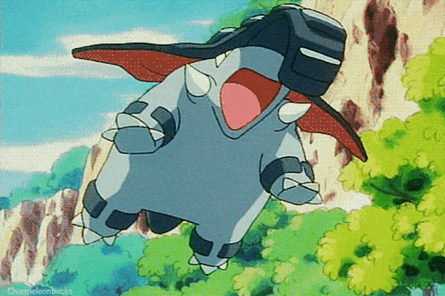 a cartoon elephant is flying through the air with its mouth wide open